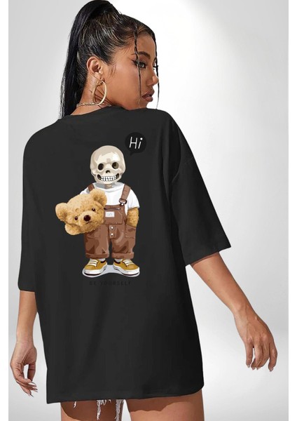 Merhaba Kurukafa Oyuncak Ayı Kadın Erkek Ön Minimal Sırt Baskılı Siyah Pamuklu Tişört fiyatları