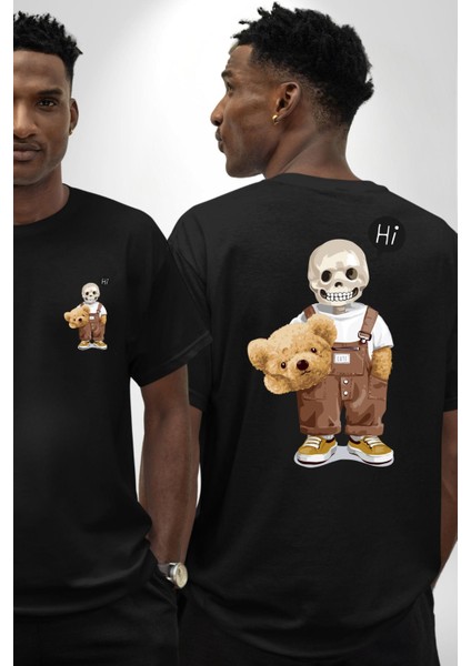 Merhaba Kurukafa Oyuncak Ayı Kadın Erkek Ön Minimal Sırt Baskılı Siyah Pamuklu Tişört fırsatları