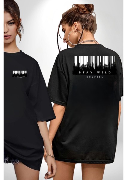 Vahşi Kal Karanlık Ormanlar Kadın Erkek Ön Minimal Sırt Baskılı Siyah Pamuklu Tişört