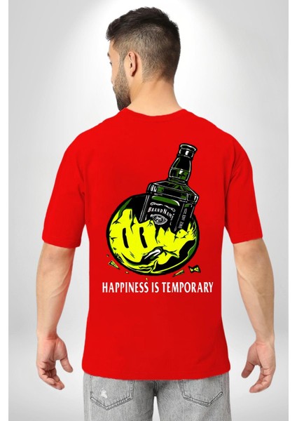 Gülen Surat Mutluluk Geçicidir Kadın Erkek Ön Minimal Sırt Baskılı Kırmızı Pamuklu Tişört fiyatları