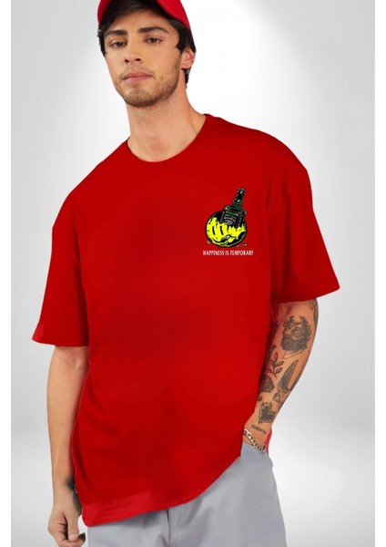 Gülen Surat Mutluluk Geçicidir Kadın Erkek Ön Minimal Sırt Baskılı Kırmızı Pamuklu Tişört modelleri