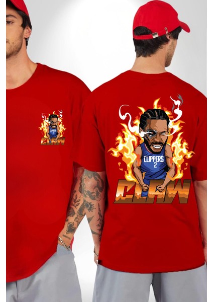 Kawhi Leonard Basketbol Yıldızı Kadın Erkek Ön Minimal Sırt Baskılı Kırmızı Pamuklu Tişört