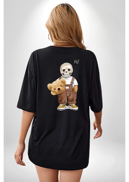 Merhaba Kurukafa Oyuncak Ayı Kadın Erkek Ön Minimal Sırt Baskılı Siyah Pamuklu Tişört indirimleri