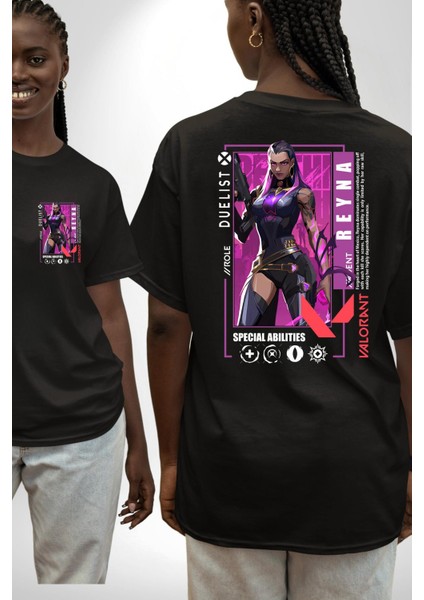 Reyna Düellocu Karakter Kadın Erkek Ön Minimal Sırt Baskılı Siyah Pamuklu Tişört