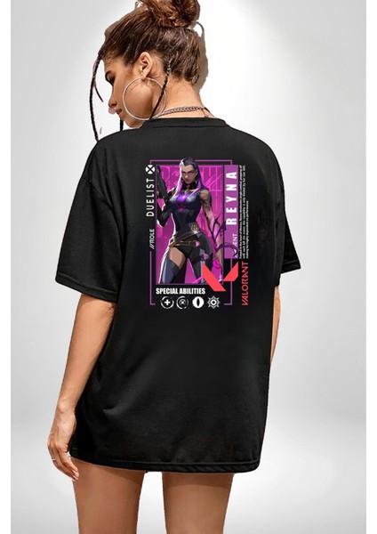 Reyna Düellocu Karakter Kadın Erkek Ön Minimal Sırt Baskılı Siyah Pamuklu Tişört fiyatları