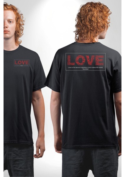 Aşk Hayatı Tatlı Kılan Gizli Bileşendir Kadın Erkek Ön Minimal Sırt Baskılı Siyah Pamuklu Tişört