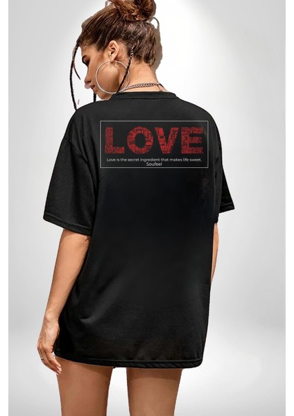 Aşk Hayatı Tatlı Kılan Gizli Bileşendir Kadın Erkek Ön Minimal Sırt Baskılı Siyah Pamuklu Tişört fiyatları