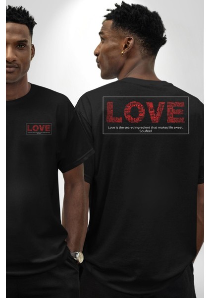 Aşk Hayatı Tatlı Kılan Gizli Bileşendir Kadın Erkek Ön Minimal Sırt Baskılı Siyah Pamuklu Tişört fırsatları