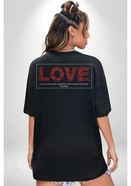 Aşk Hayatı Tatlı Kılan Gizli Bileşendir Kadın Erkek Ön Minimal Sırt Baskılı Siyah Pamuklu Tişört indirimleri