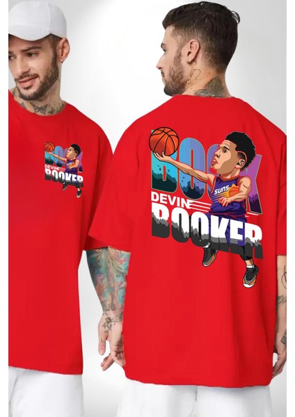 Devin Booker Basketbol Yıldızı Kadın Erkek Ön Minimal Sırt Baskılı Kırmızı Pamuklu Tişört fırsatları