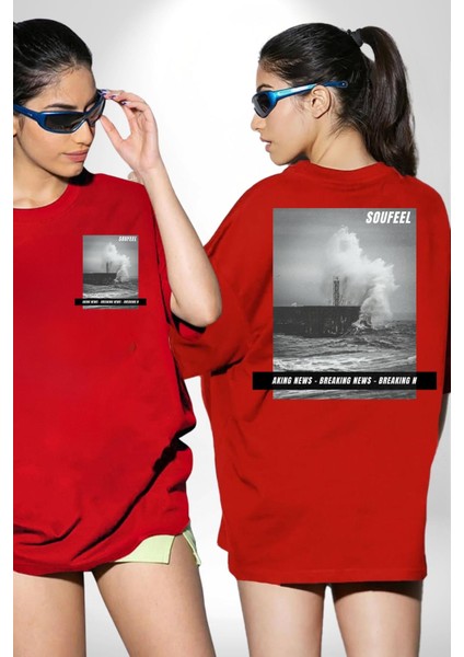 Denizkıran Gemi Haberleri Kadın Erkek Ön Minimal Sırt Baskılı Kırmızı Pamuklu Tişört fırsatları