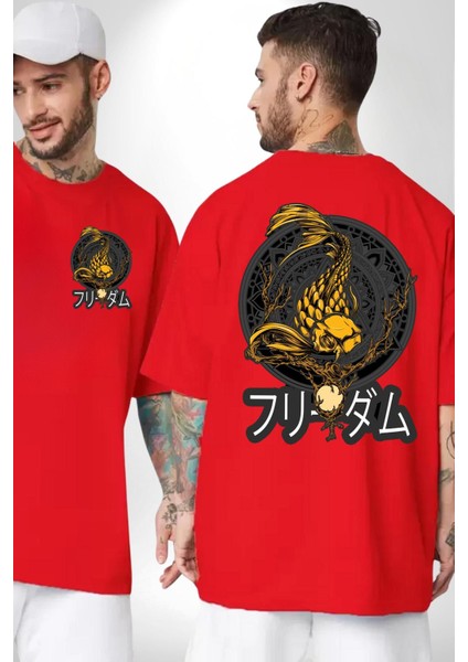 Koi Balığı Japon Efsanesi Kadın Erkek Ön Minimal Sırt Baskılı Kırmızı Pamuklu Tişört