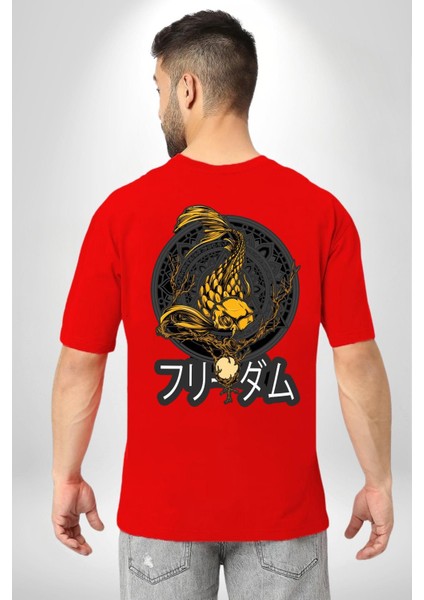 Koi Balığı Japon Efsanesi Kadın Erkek Ön Minimal Sırt Baskılı Kırmızı Pamuklu Tişört fiyatları