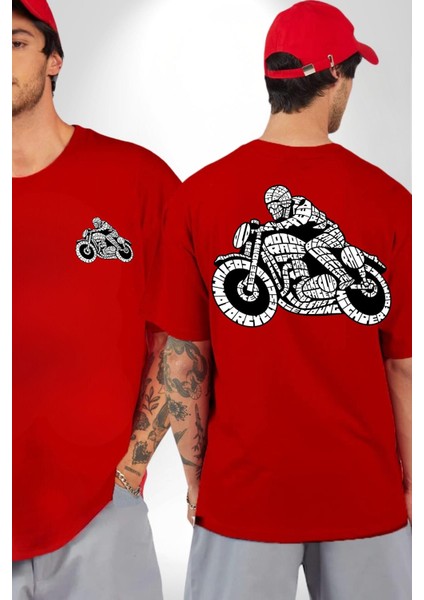 Kaligram Motorsiklet Havalı Kadın Erkek Ön Minimal Sırt Baskılı Kırmızı Pamuklu Tişört