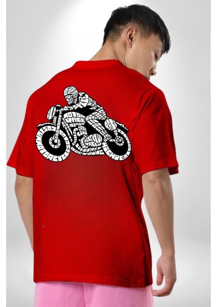 Kaligram Motorsiklet Havalı Kadın Erkek Ön Minimal Sırt Baskılı Kırmızı Pamuklu Tişört fiyatları
