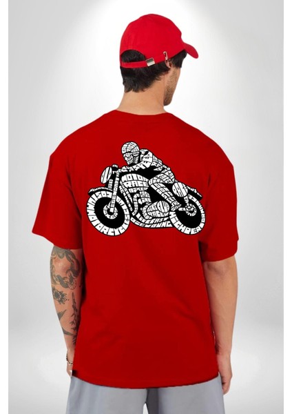 Kaligram Motorsiklet Havalı Kadın Erkek Ön Minimal Sırt Baskılı Kırmızı Pamuklu Tişört fırsatları
