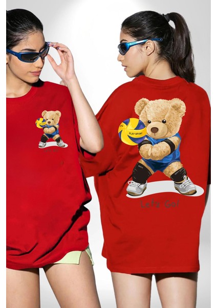 Voleybolcu Oyuncak Ayı Kadın Erkek Ön Minimal Sırt Baskılı Kırmızı Pamuklu Tişört