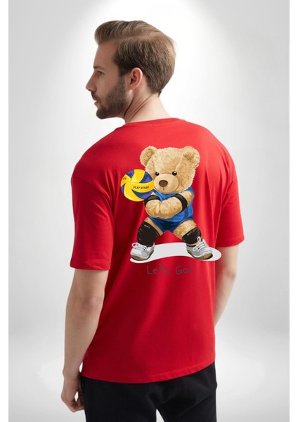 Voleybolcu Oyuncak Ayı Kadın Erkek Ön Minimal Sırt Baskılı Kırmızı Pamuklu Tişört fiyatları