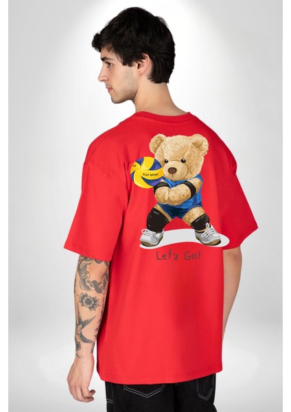 Voleybolcu Oyuncak Ayı Kadın Erkek Ön Minimal Sırt Baskılı Kırmızı Pamuklu Tişört indirimleri