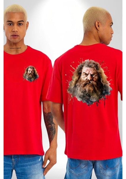 Rubeus Hagrid Efsanevi Karakter Kadın Erkek Ön Minimal Sırt Baskılı Kırmızı Pamuklu Tişört