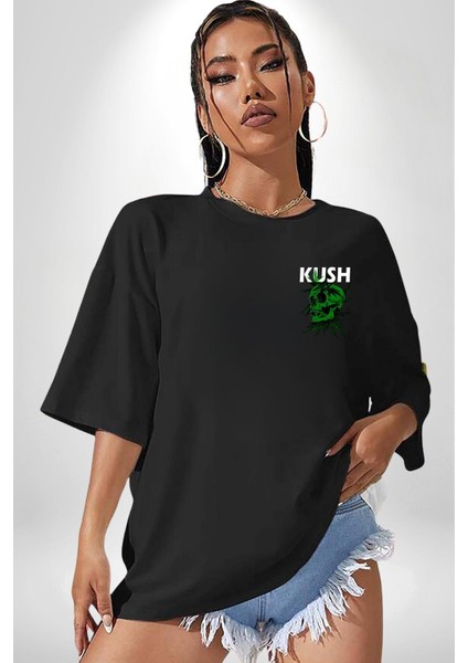 Kush Kuru Kafa Tasarım Yeşil Ölüm Kadın Erkek Ön Minimal Sırt Baskılı Siyah Pamuklu Tişört modelleri