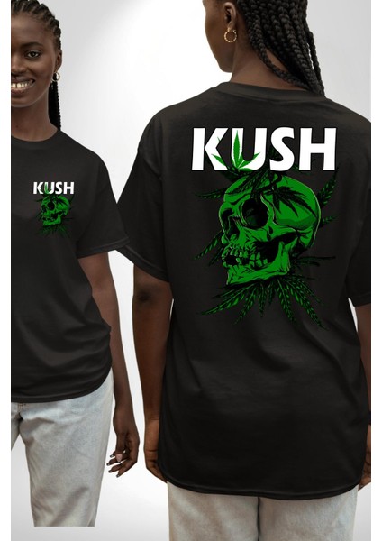 Kush Kuru Kafa Tasarım Yeşil Ölüm Kadın Erkek Ön Minimal Sırt Baskılı Siyah Pamuklu Tişört fırsatları
