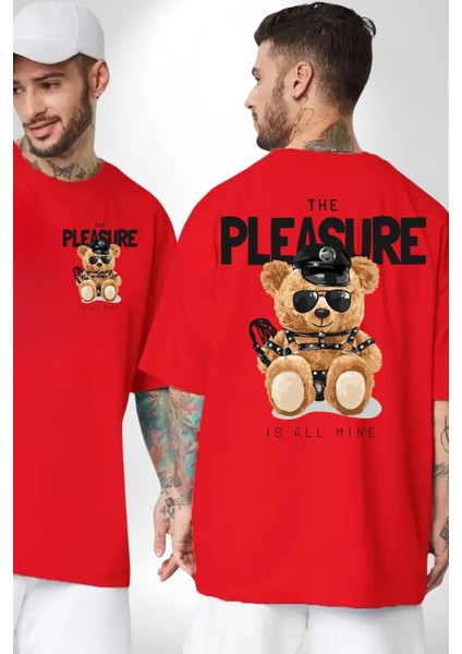 Polis Tatlı Oyuncak Ayı Kadın Erkek Ön Minimal Sırt Baskılı Kırmızı Pamuklu Tişört