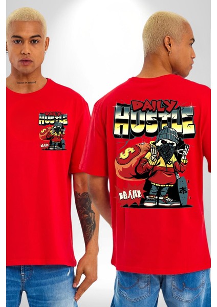 Iskelet Adam Soyguncu Sokak Tarzı Kadın Erkek Ön Minimal Sırt Baskılı Kırmızı Pamuklu Tişört