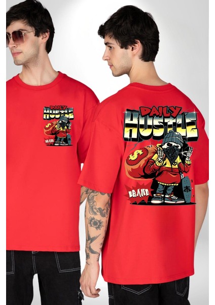 Iskelet Adam Soyguncu Sokak Tarzı Kadın Erkek Ön Minimal Sırt Baskılı Kırmızı Pamuklu Tişört fırsatları