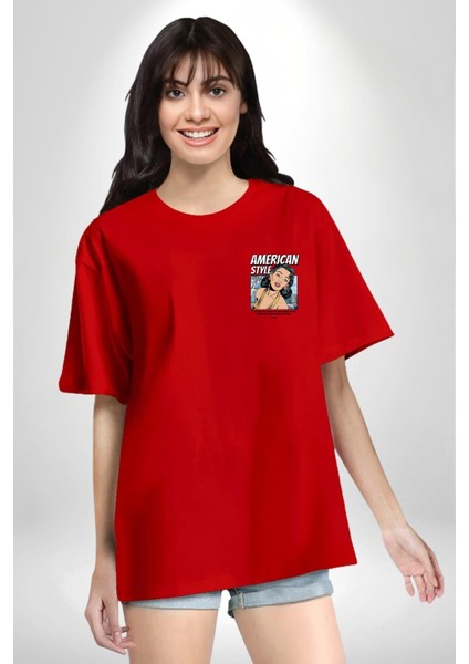 Amerikan Tarzı Tatlı Kadın Kadın Erkek Ön Minimal Sırt Baskılı Kırmızı Pamuklu Tişört modelleri