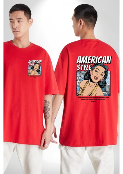 Amerikan Tarzı Tatlı Kadın Kadın Erkek Ön Minimal Sırt Baskılı Kırmızı Pamuklu Tişört fırsatları