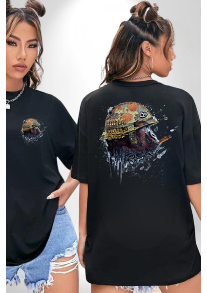 Barış Savaşçısı Goril Kadın Erkek Ön Minimal Sırt Baskılı Siyah Pamuklu Tişört