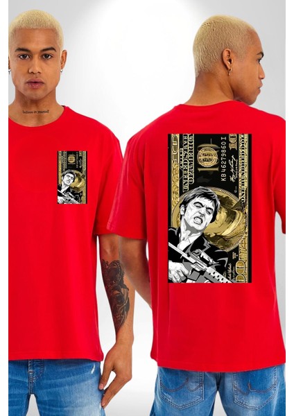 Scarface Dolar Banknot Kadın Erkek Ön Minimal Sırt Baskılı Kırmızı Pamuklu Tişört