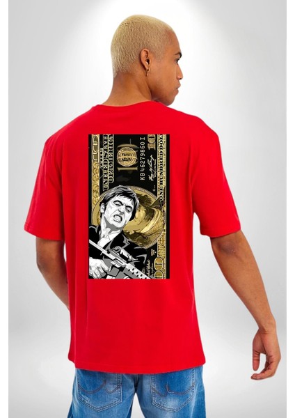 Scarface Dolar Banknot Kadın Erkek Ön Minimal Sırt Baskılı Kırmızı Pamuklu Tişört