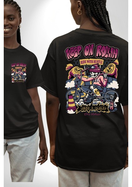 Yuvarlanmaya Devam Et Bisiklet Iskelet Kadın Erkek Ön Minimal Sırt Baskılı Siyah Pamuklu Tişört