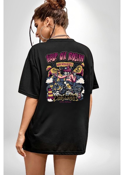 Yuvarlanmaya Devam Et Bisiklet Iskelet Kadın Erkek Ön Minimal Sırt Baskılı Siyah Pamuklu Tişört fiyatları