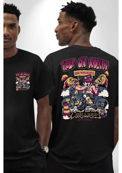 Yuvarlanmaya Devam Et Bisiklet Iskelet Kadın Erkek Ön Minimal Sırt Baskılı Siyah Pamuklu Tişört fırsatları