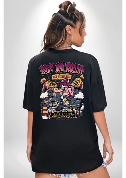 Yuvarlanmaya Devam Et Bisiklet Iskelet Kadın Erkek Ön Minimal Sırt Baskılı Siyah Pamuklu Tişört indirimleri