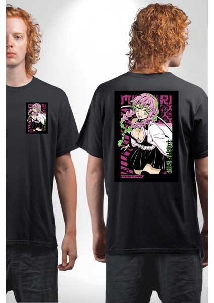 Demon Slayer Mitsuri Kanroji Anime Kadın Erkek Ön Minimal Sırt Baskılı Siyah Pamuklu Tişört