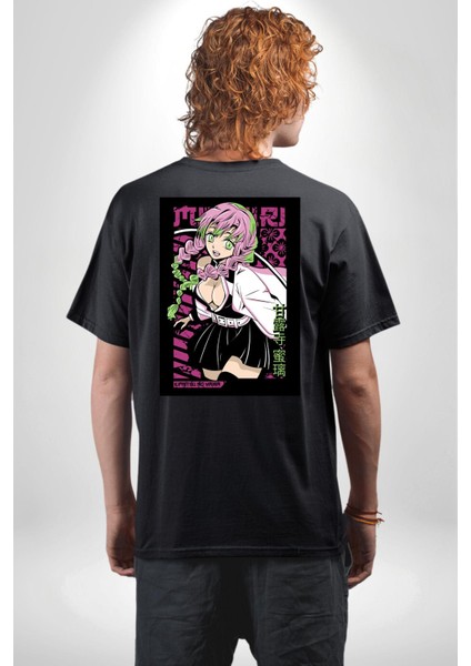 Demon Slayer Mitsuri Kanroji Anime Kadın Erkek Ön Minimal Sırt Baskılı Siyah Pamuklu Tişört fiyatları