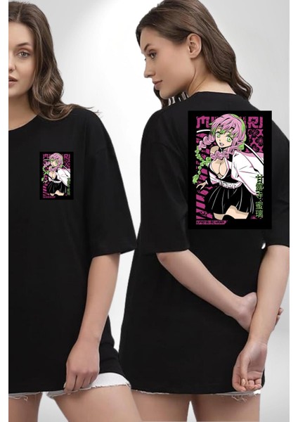 Demon Slayer Mitsuri Kanroji Anime Kadın Erkek Ön Minimal Sırt Baskılı Siyah Pamuklu Tişört fırsatları