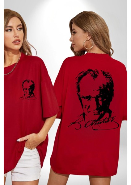 Mustafa Kemal Atatürk Imza ve Silüet Kadın Erkek Ön Minimal Sırt Baskılı Kırmızı Pamuklu Tişört