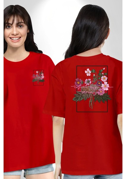 Ne Yapıyorsun Neon Çiçekler Kadın Erkek Ön Minimal Sırt Baskılı Kırmızı Pamuklu Tişört