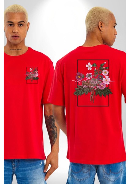 Ne Yapıyorsun Neon Çiçekler Kadın Erkek Ön Minimal Sırt Baskılı Kırmızı Pamuklu Tişört fırsatları