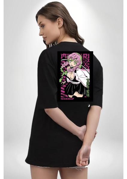 Demon Slayer Mitsuri Kanroji Anime Kadın Erkek Ön Minimal Sırt Baskılı Siyah Pamuklu Tişört indirimleri
