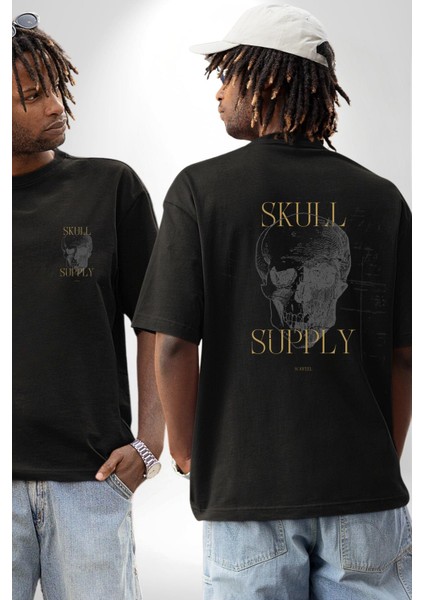 Kafatası Temini Zengin Tasarım Kadın Erkek Ön Minimal Sırt Baskılı Siyah Pamuklu Tişört