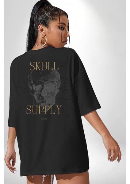Kafatası Temini Zengin Tasarım Kadın Erkek Ön Minimal Sırt Baskılı Siyah Pamuklu Tişört fiyatları