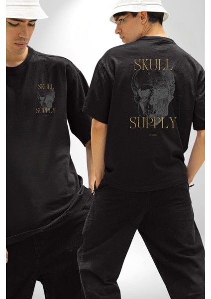 Kafatası Temini Zengin Tasarım Kadın Erkek Ön Minimal Sırt Baskılı Siyah Pamuklu Tişört fırsatları