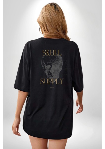 Kafatası Temini Zengin Tasarım Kadın Erkek Ön Minimal Sırt Baskılı Siyah Pamuklu Tişört indirimleri