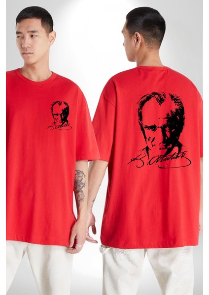 Mustafa Kemal Atatürk Imza ve Silüet Kadın Erkek Ön Minimal Sırt Baskılı Kırmızı Pamuklu Tişört fırsatları